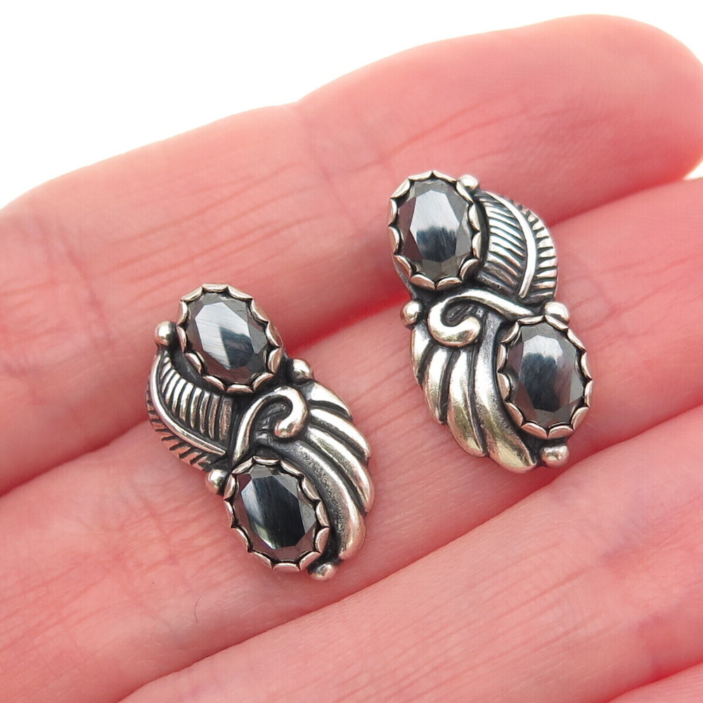 Wheeler Mfg Old Pawn Sterling Silver Vintage Hematite Floral Oxidized Earrings